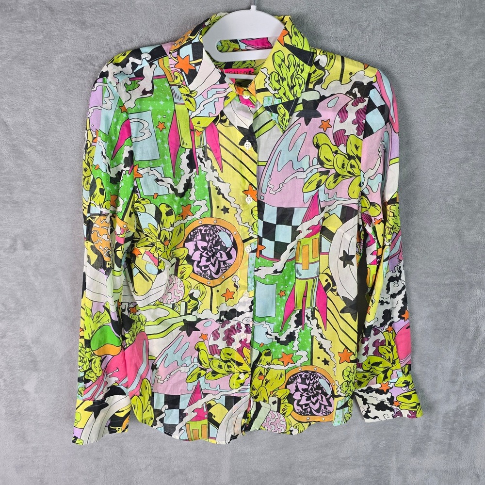 Vilagallo Sputnik Print Cotton Button Down Shirt Space Pop Art Multicolor 38 4